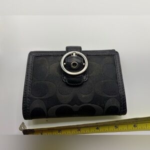 Coach Black Leather Bifold Wallet w/ Coin Pouch Buckle Signature c
